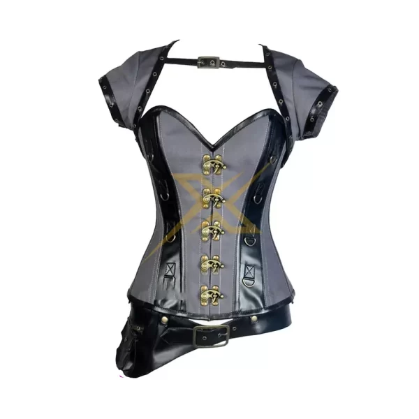 Sexy Genuine Heavy Duty Steel Boned Taffeta Front Antique Clasp and Genuine Leather Overbust Corset With Jacket 1