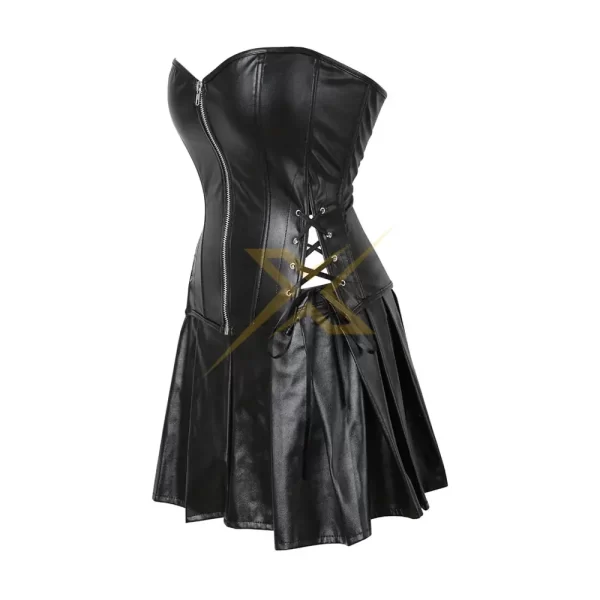 Womens Faux Leather Genuine Spiral steel Boned Front Zipper and Lace up Back Corset Dress Gothic Punk Zipper Bustier with Skirt 4