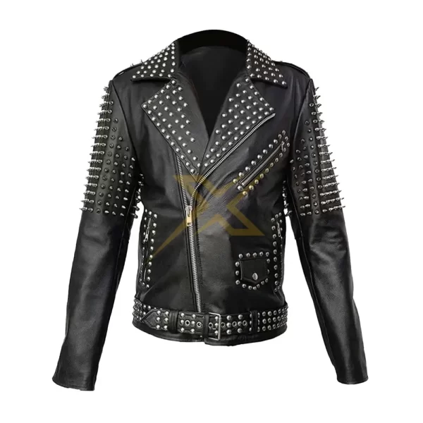 014 Mens Quality Genuine Spike Studded Punk Style Real Leather Jacket 2