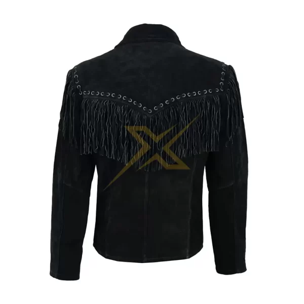 024 Mens Long Black Suede Cowboy Western Leather Fringe Genuine Jacket 1