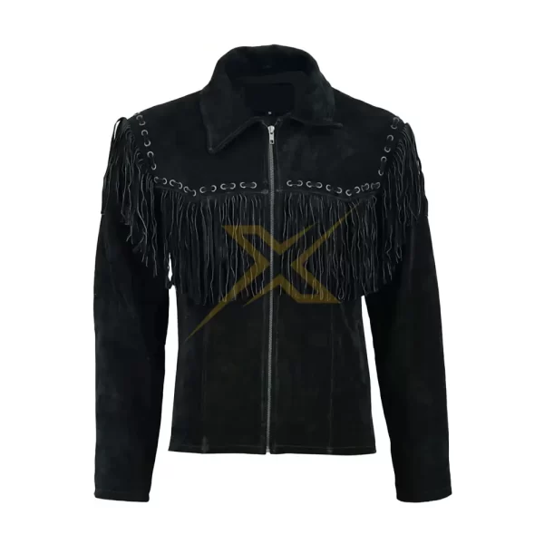 024 Mens Long Black Suede Cowboy Western Leather Fringe Genuine Jacket 2