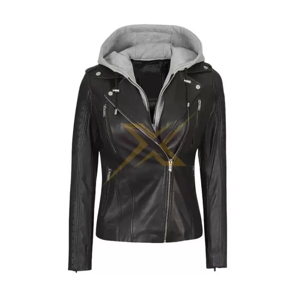 026 Women Genuine Hooded Leather Fit Slim Stylish Cafe Racer Jacket 2