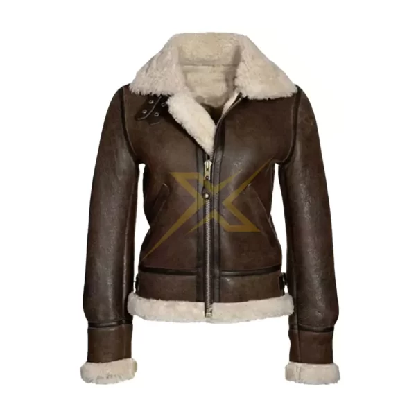 030 Womens Genuine Dark Brown Sheepskin Fur Bomber Leather Jacket 2