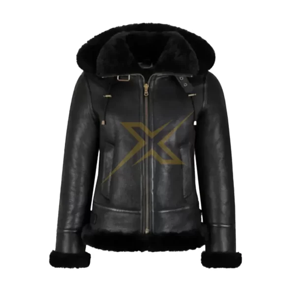 035 Womens Sheepskin Genuine Bomber Leather In Black With Hood Jacket 1