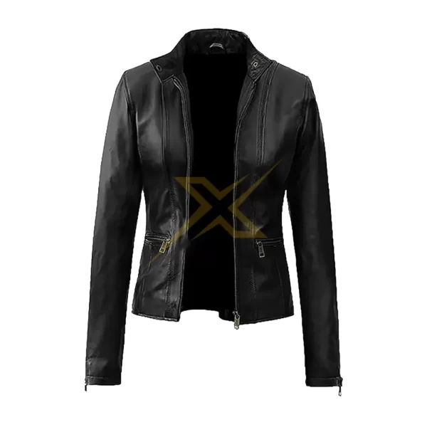 037 Ladies Genuine Biker Jacket Ladies Casual Biker Black Celebrity Zipper Leather Jacket 1