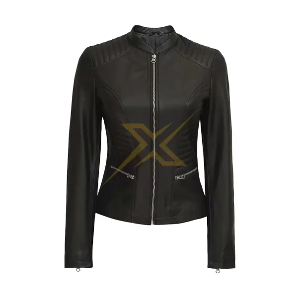 039 Womens Black Slim Fit Cafe Racer Genuine Leather Celebrity Jacket 1