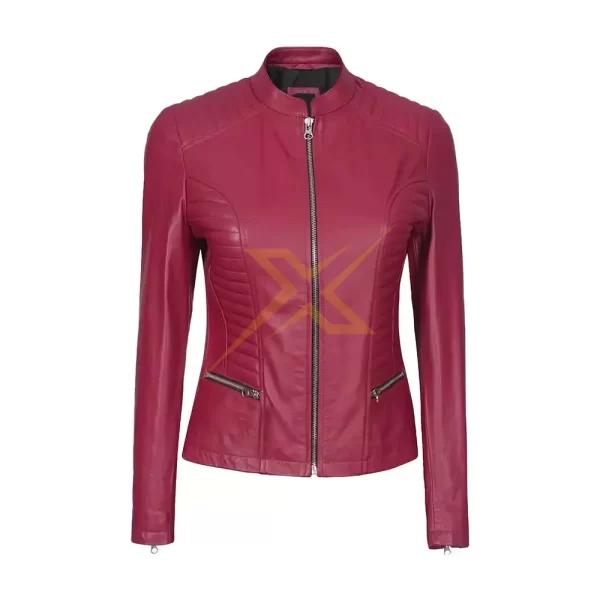 040 Womens Genuine Lambskin leather Pink Cafe Racer Vintage Style Slim Fit Leather Jacket 2