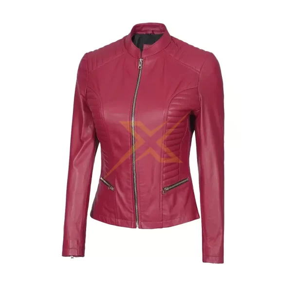 040 Womens Genuine Lambskin leather Pink Cafe Racer Vintage Style Slim Fit Leather Jacket 3