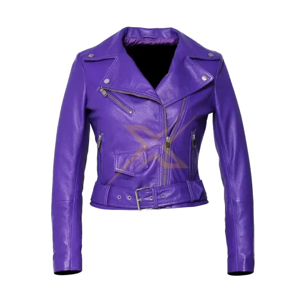 041 Womens Genuine Moto Nappa Deerskin Emboss Purple Leather Jacket 2