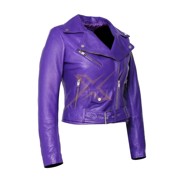 041 Womens Genuine Moto Nappa Deerskin Emboss Purple Leather Jacket 3