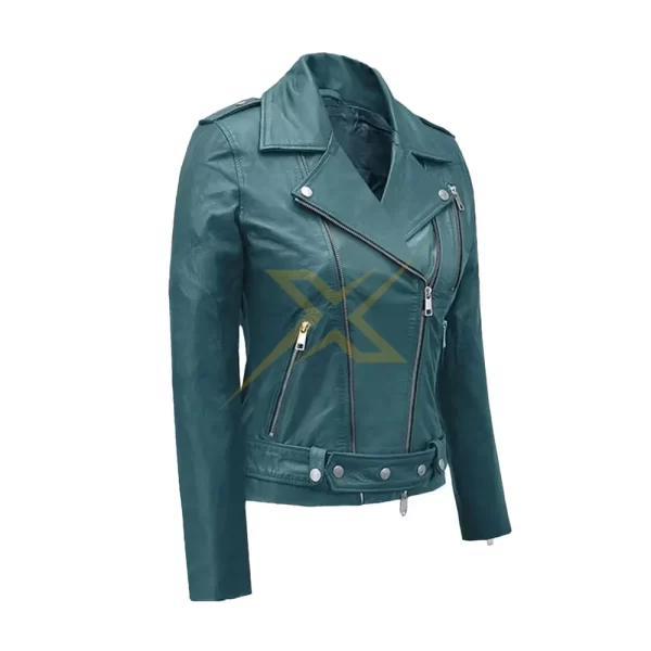 042 Womens Genuine Sage Green Moto Biker Leather Jacket 3