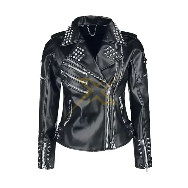 043 Ladies Genuine Biker Studded Gothic Black Leather Jacket Heartless 2