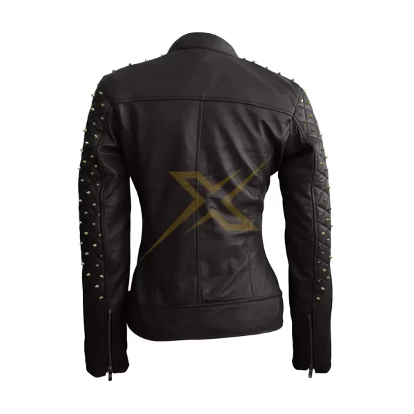 045 Womens Genuine Leather Black Spike Studded Gold Studs Shoulder Quilted Leather Jacket 1