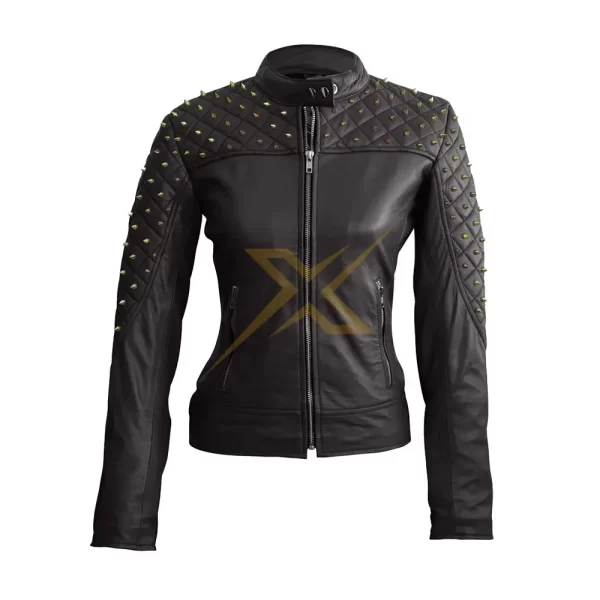 045 Womens Genuine Leather Black Spike Studded Gold Studs Shoulder Quilted Leather Jacket 2