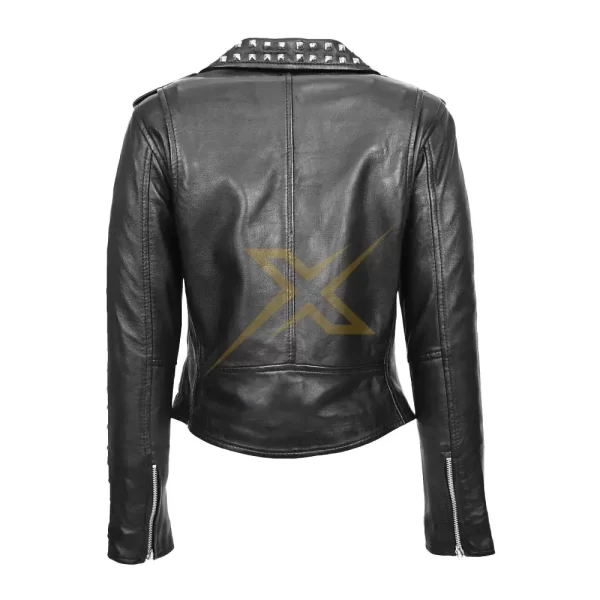 046 Womens Slim Fit Genuine Studded Black Leather Biker Brando Style Jacket 1