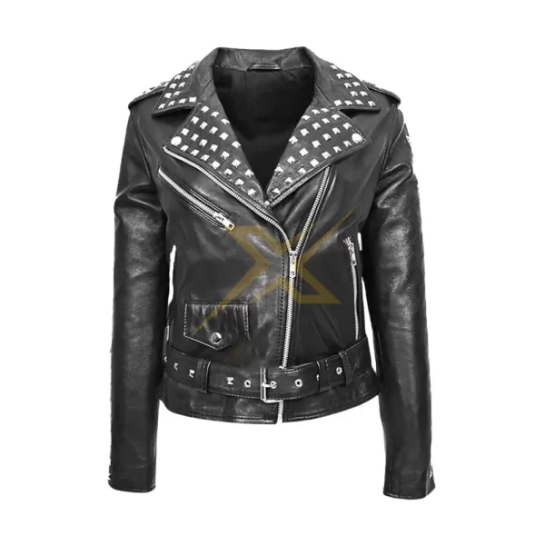 046 Womens Slim Fit Genuine Studded Black Leather Biker Brando Style Jacket 3