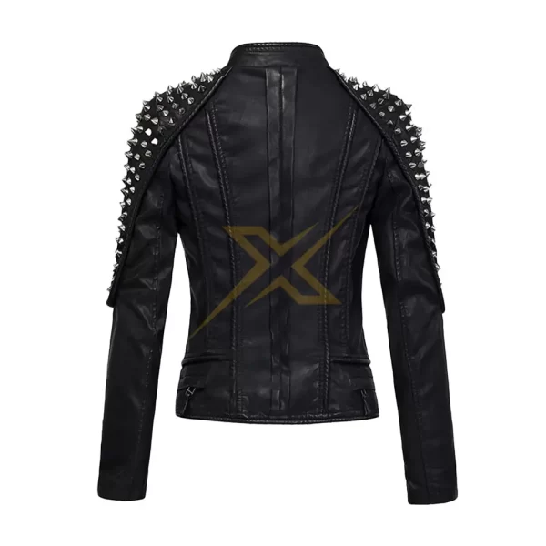 047 Womens Black Studded Genuine Leather Motorcycle Fashion Zipper Jacket 1