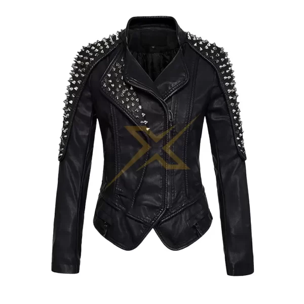 047 Womens Black Studded Genuine Leather Motorcycle Fashion Zipper Jacket 2