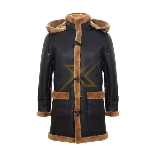 053 Womens Genuine Sheepskin Hooded Duffle Shearling Warm Outwear Trench Coat 3