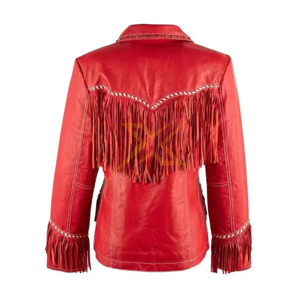 056 Womens Genuine Fringe and Studded Red Leather Jacket with Studs Western Style Jacket 1