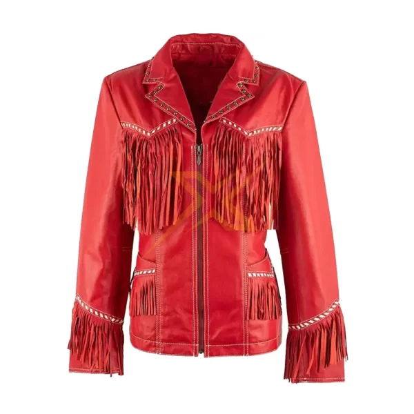 056 Womens Genuine Fringe and Studded Red Leather Jacket with Studs Western Style Jacket 2