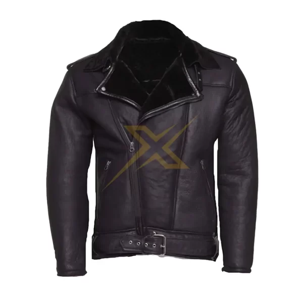 Mens Genuine Leather Sheepskin Black Shearling Biker Jacket with Belt and Zipper Cuffs Zipper Closure Ja