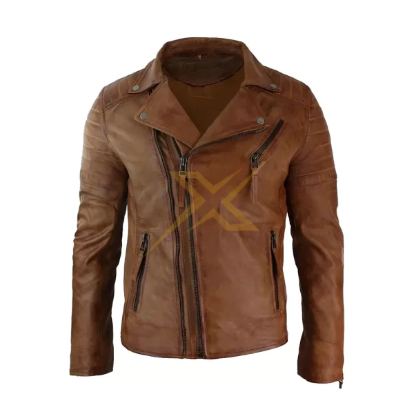 Mens Genuine Leather Slim Fit Cross Zip Brando Jacket Vintage Biker Style Jacket 2