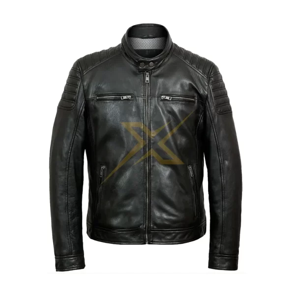 Mens Genuine Real Lambskin Black Leather Slim and Fit Cafe Racer Jacket 2