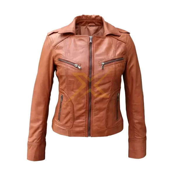 Womens Genuine Stylish Brown Sheepskin Biker Leather Jacket 2