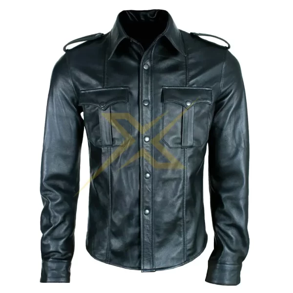 Mens Genuine Leather Unique Design Police Style full Sleeves Shirt 3