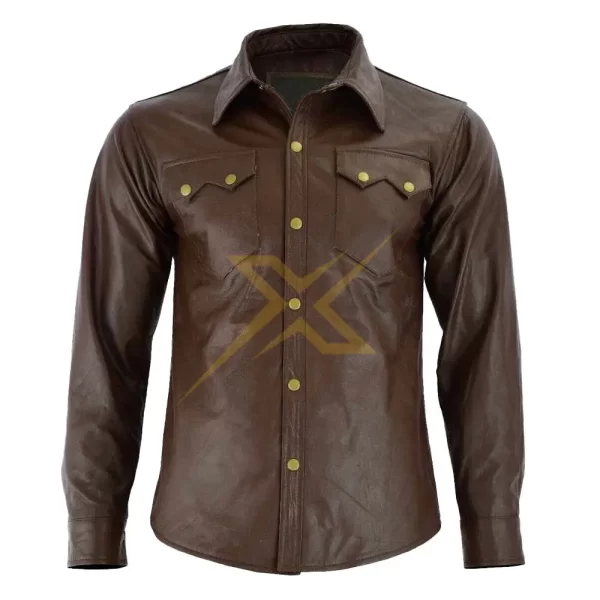Mens Genuine Sheepskin Dark Brown Long Sleeves Shirt 1