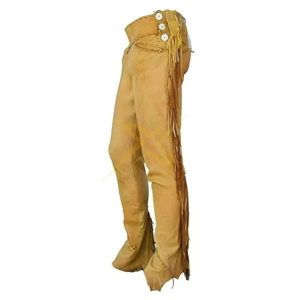 Mens Genuine Tan Brown Leather western fringes Cowboy Pants Ragged 1