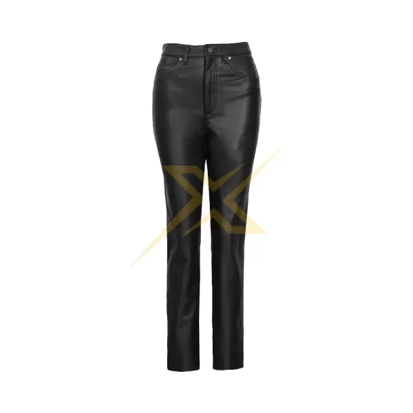 Womens Genuine Leather Black Straight Leg Pants 1