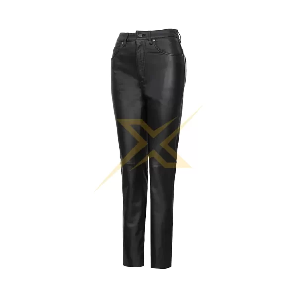 Womens Genuine Leather Black Straight Leg Pants 3