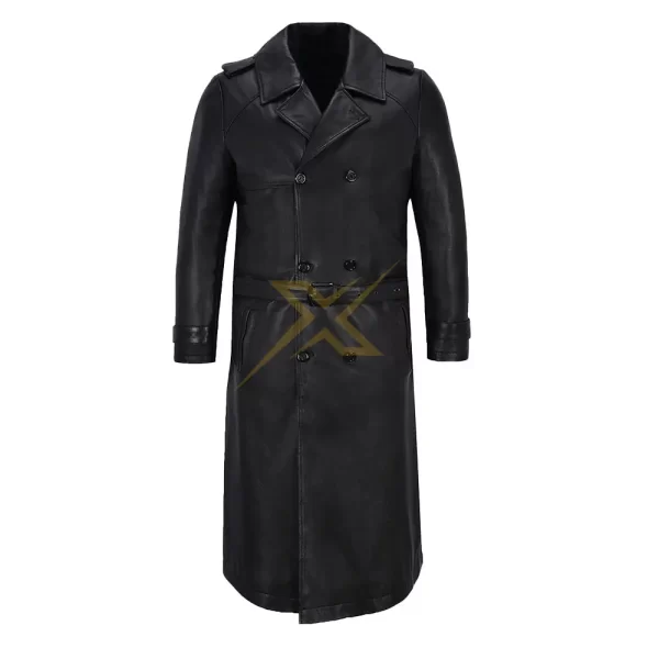 Mens Genuine Sheepskin Black Leather Leather Trench Coat 2