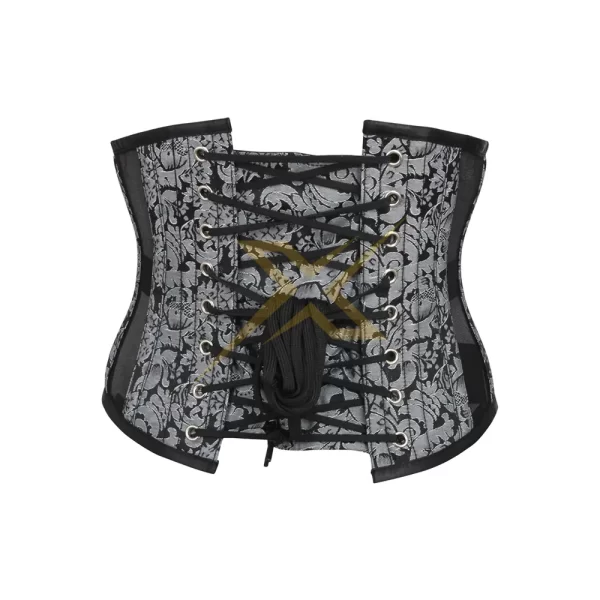 Womens Mesh Panels Silver Brocade Under bust Steel Busk Closure Heavy Duty Genuine Steel Boned Corset 2