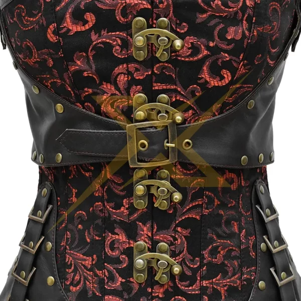 Womens Sexy Brocade and Genuine leather Red and black steampunk halter Overbust Heavy Duty Steel Boned corset 1