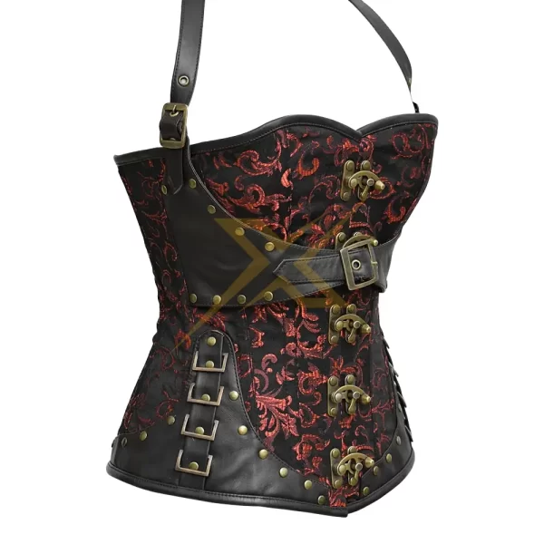 Womens Sexy Brocade and Genuine leather Red and black steampunk halter Overbust Heavy Duty Steel Boned corset 4