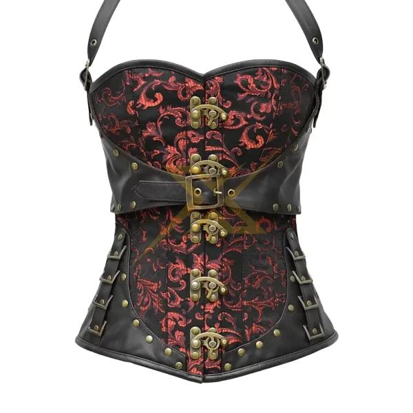 Womens Sexy Brocade and Genuine leather Red and black steampunk halter Overbust Heavy Duty Steel Boned corset 5