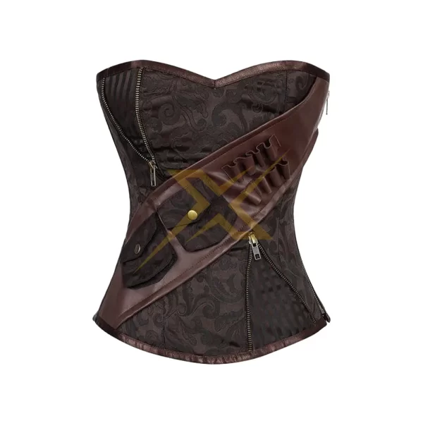 Womens Steampunk Brocade and Faux Leather Heavy Duty Steel Boned Overbust Corset with pockets 1