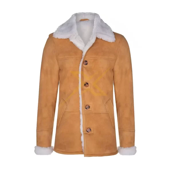 005 Mens Genuine Suede Tan Classic Real Sheepskin Shearling Car Coat 2